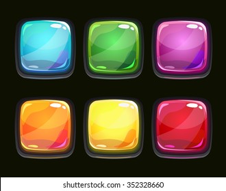 Beautiful glossy square shapes for web or game design, vector colorful shiny buttons on black background