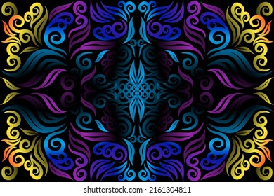 Beautiful glow colour caleidoscope gradient flower line art pattern wallpaper of indonesian traditional abstract batik  ethnic dayak ornament for commercial  ads