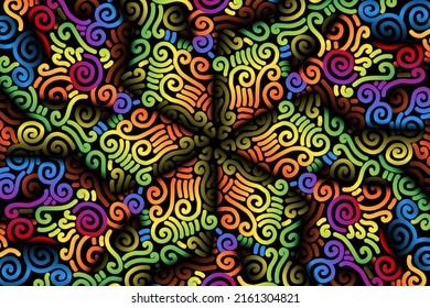 Beautiful glow colour caleidoscope gradient flower line art pattern wallpaper of indonesian traditional abstract batik  ethnic dayak ornament for commercial  ads