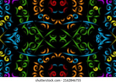 Beautiful glow colour gradient flower line art pattern wallpaper of indonesian traditional abstract batik  ethnic dayak ornament for commercial  ads