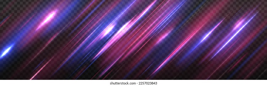 Beautiful glow flare and spark. Red blue special effect, speed police line. Magic of moving fast motion laser beams, horizontal light rays. Abstract neon color glowing lines background. Vector