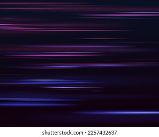 Hermosa llamarada y chispa. Efecto especial azul rojo, línea de policía rápida. Magia de rayos láser de movimiento rápido, rayos de luz horizontales. Resumen del fondo de las líneas brillantes de color neón. Vector