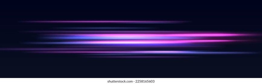 Hermosa llamarada y chispa. Efecto especial azul rojo, línea de policía rápida. Magia de rayos láser de movimiento rápido, rayos de luz horizontales. Resumen del fondo de las líneas brillantes de color neón. Vector