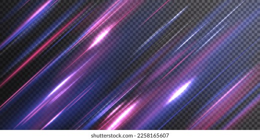 Beautiful glow flare and spark. Red blue special effect, speed police line. Magic of moving fast motion laser beams, horizontal light rays. Abstract neon color glowing lines background. Vector