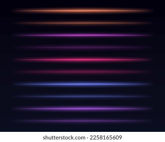 Beautiful glow flare and spark. Red blue special effect, speed police line. Magic of moving fast motion laser beams, horizontal light rays. Abstract neon color glowing lines background. Vector