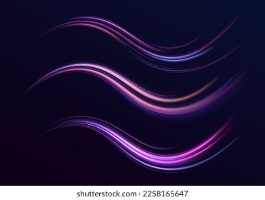 Hermosa llamarada y chispa. Efecto especial azul rojo, línea de policía rápida. Magia de rayos láser de movimiento rápido, rayos de luz horizontales. Resumen del fondo de las líneas brillantes de color neón. Vector