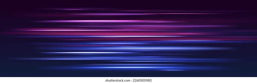 Hermosa llamarada y chispa. Efecto especial azul rojo, línea de policía rápida. Magia de rayos láser de movimiento rápido, rayos de luz horizontales. Resumen del fondo de las líneas brillantes de color neón. Vector