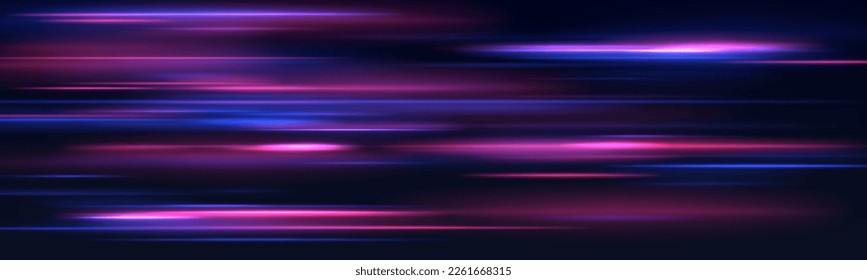 Hermosa llamarada y chispa. Efecto especial azul rojo, línea de policía rápida. Magia de rayos láser de movimiento rápido, rayos de luz horizontales. Resumen del fondo de las líneas brillantes de color neón. Vector