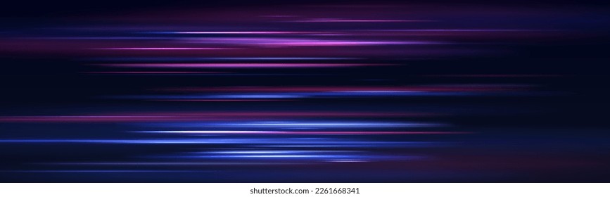 Beautiful glow flare and spark. Red blue special effect, speed police line. Magic of moving fast motion laser beams, horizontal light rays. Abstract neon color glowing lines background. Vector