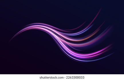 Hermosa llamarada y chispa. Efecto especial azul rojo, línea de policía rápida. Magia de rayos láser de movimiento rápido, rayos de luz horizontales. Resumen del fondo de las líneas brillantes de color neón. Vector