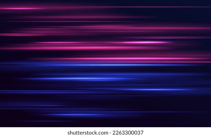 Hermosa llamarada y chispa. Efecto especial azul rojo, línea de policía rápida. Magia de rayos láser de movimiento rápido, rayos de luz horizontales. Resumen del fondo de las líneas brillantes de color neón. Vector