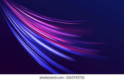 Beautiful glow flare and spark. Red blue special effect, speed police line. Magic of moving fast motion laser beams, horizontal light rays. Abstract neon color glowing lines background. Vector