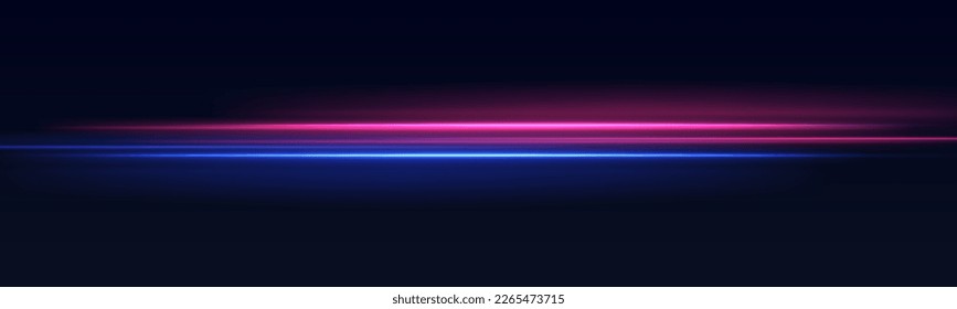 Beautiful glow flare and spark. Red blue special effect, speed police line. Magic of moving fast motion laser beams, horizontal light rays. Abstract neon color glowing lines background. Vector