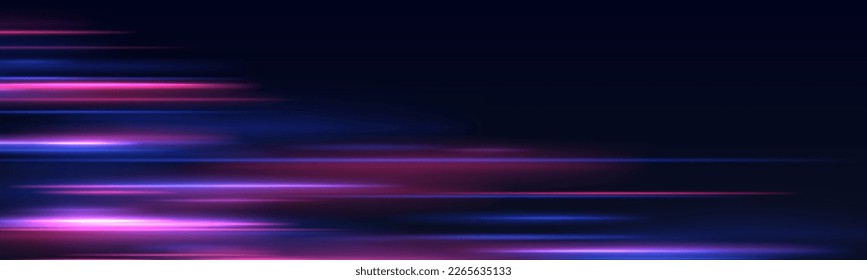 Beautiful glow flare and spark. Red blue special effect, speed police line. Magic of moving fast motion laser beams, horizontal light rays. Abstract neon color glowing lines background. Vector