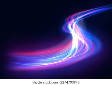 Beautiful glow flare and spark. Red blue special effect, speed police line. Magic of moving fast motion laser beams, horizontal light rays. Abstract neon color glowing lines background. Vector