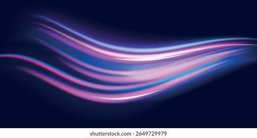 Beautiful glow flare and spark. Red blue special effect, speed police line. Magic of moving fast motion laser beams, horizontal light rays. Abstract neon color glowing lines background. Vector
