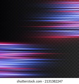 Beautiful glow light flare and spark. Red blue special effect, speed police line. Magic of moving fast lines. Laser beams, horizontal light rays. Particle motion effect. Vector illustration.