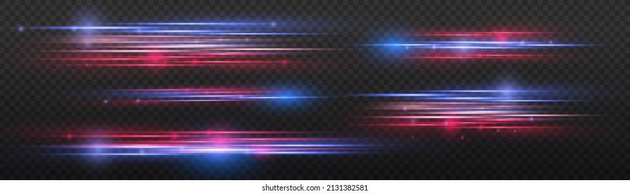 Beautiful glow light flare and spark. Red blue special effect, speed police line. Magic of moving fast lines. Laser beams, horizontal light rays. Particle motion effect. Vector illustration.