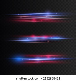 Beautiful glow light flare and spark. Red blue special effect, speed police line. Magic of moving fast lines. Laser beams, horizontal light rays. Particle motion effect. Vector illustration.