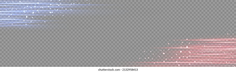 Beautiful glow light flare and spark. Red blue special effect, speed police line. Magic of moving fast lines. Laser beams, horizontal light rays. Particle motion effect. Vector illustration.
