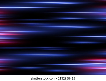 Beautiful glow light flare and spark. Red blue special effect, speed police line. Magic of moving fast lines. Laser beams, horizontal light rays. Particle motion effect. Vector illustration.
