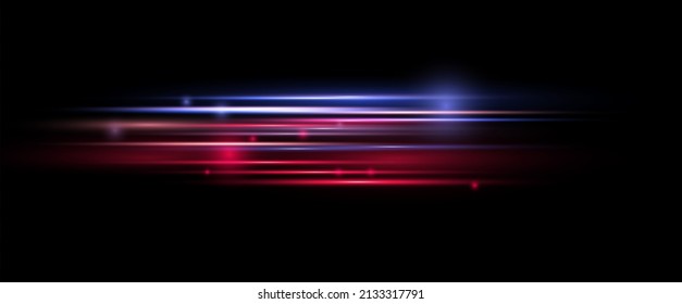 Beautiful glow light flare and spark. Red blue special effect, speed police line. Magic of moving fast lines. Laser beams, horizontal light rays. Particle motion effect. Vector illustration.