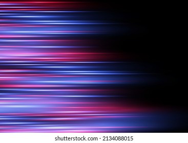 Hermoso resplandor claro y chispa. Efecto especial azul rojo, línea de policía rápida. Magia de mover líneas rápidas. Vigas láser, rayos de luz horizontales. Efecto de movimiento de partículas. Ilustración vectorial.