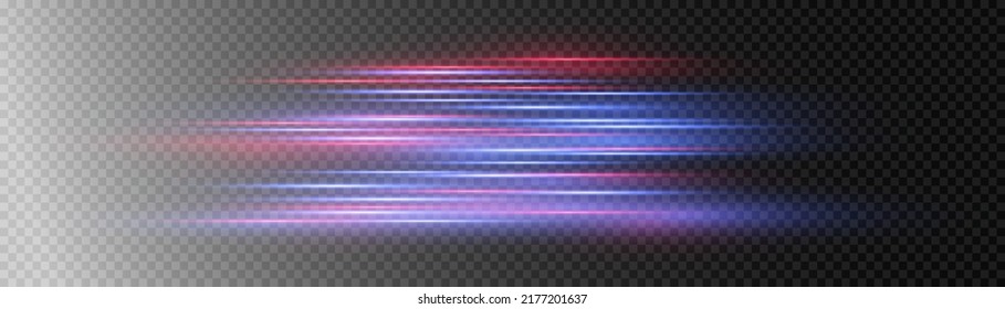 Beautiful glow light flare and spark. Red blue special effect, speed police line. Magic of moving fast lines. Laser beams, horizontal light rays. Particle motion effect. Vector illustration.