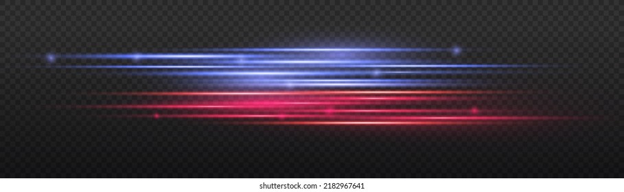 Hermoso resplandor claro y chispa. Efecto especial azul rojo, línea de policía rápida. Magia de mover líneas rápidas. Vigas láser, rayos de luz horizontales. Efecto de movimiento de partículas. Ilustración vectorial.