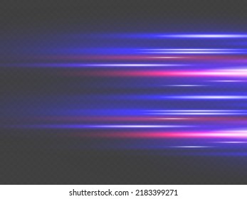 Beautiful glow light flare and spark. Red blue special effect, speed police line. Magic of moving fast lines. Laser beams, horizontal light rays. Particle motion effect. Vector illustration.