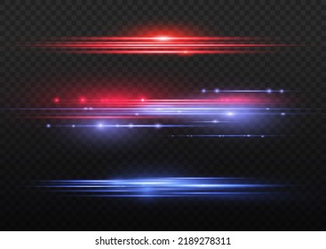 Beautiful glow light flare and spark. Red blue special effect, speed police line. Magic of moving fast lines. Laser beams, horizontal light rays. Particle motion effect. Vector illustration.