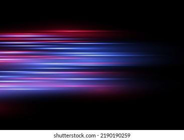 Beautiful glow light flare and spark. Red blue special effect, speed police line. Magic of moving fast lines. Laser beams, horizontal light rays. Particle motion effect. Vector illustration.