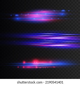 Beautiful glow light flare and spark. Red blue special effect, speed police line. Magic of moving fast lines. Laser beams, horizontal light rays. Particle motion effect. Vector illustration.