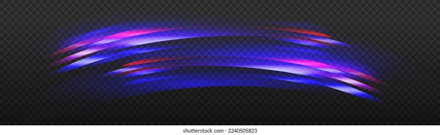 Hermoso resplandor claro y chispa. Efecto especial azul rojo, línea de policía rápida. Vigas láser, rayos de luz horizontales. Magia de mover líneas rápidas. Efecto de movimiento de partículas. Ilustración vectorial.
