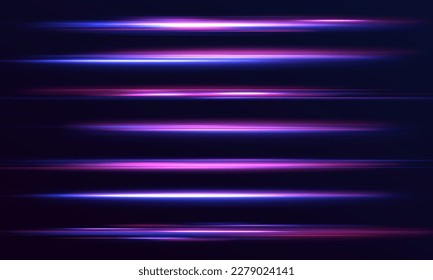 Beautiful glow light flare and spark. Red blue special effect, speed police line. Magic of moving fast lines. Laser beams, horizontal light rays. Particle motion effect. Vector