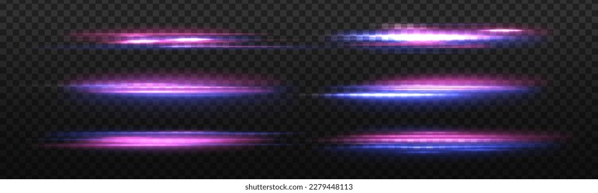 Beautiful glow light flare and spark. Red blue special effect, speed police line. Magic of moving fast lines. Laser beams, horizontal light rays. Particle motion effect. Vector	