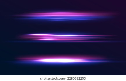 Beautiful glow light flare and spark. Red blue special effect, speed police line. Magic of moving fast lines. Laser beams, horizontal light rays. Particle motion effect. Vector