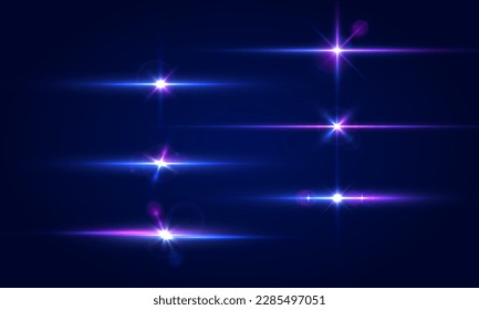 Beautiful glow light flare and spark. Red blue special effect, speed police line. Magic of moving fast lines. Laser beams, horizontal light rays. Particle motion effect. Vector