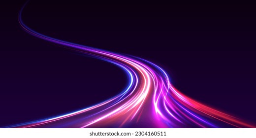 Beautiful glow light flare and spark. Red blue special effect, speed police line. Panoramic high speed technology concept, light abstract background.