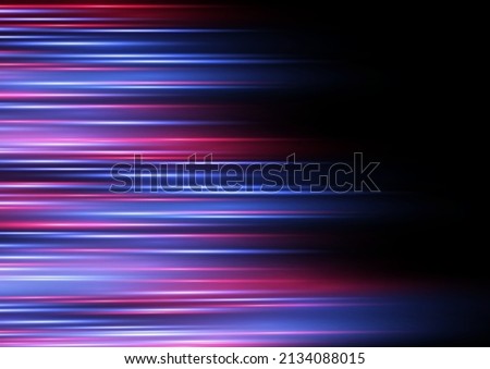 Beautiful glow light flare and spark. Red blue special effect, speed police line. Magic of moving fast lines. Laser beams, horizontal light rays. Particle motion effect. Vector illustration.