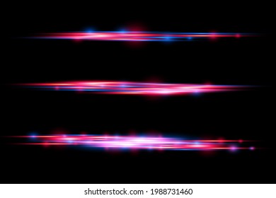 Beautiful Glow Glow And Spark. Particle Motion Effect. Red And Blue Special Effect. Laser Beams, Horizontal Light Rays. Magic Of Moving Fast Lines. Glowing Abstract Glittering Line. Vector.