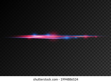 Beautiful glow glow and spark. Particle motion effect. Red and blue special effect. Laser beams, horizontal light rays. Magic of moving fast lines. Glowing abstract glittering line. Vector.