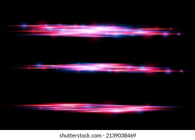 Beautiful glow glow and spark. Red and blue special effect. Laser beams, horizontal light rays. Particle motion effect. Magic of moving fast lines. Glowing abstract glittering police line. Vector.