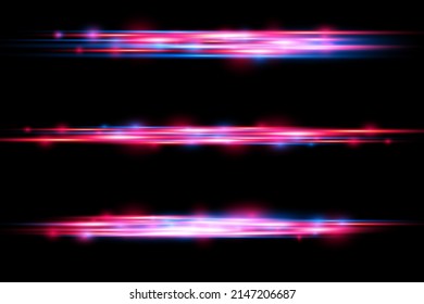 Beautiful glow glow and spark. Red and blue special effect. Particle motion effect. Magic of moving fast lines. Glowing abstract glittering police line. Laser beams, horizontal light rays. Vector.
