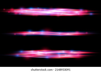 Beautiful glow glow and spark. Red and blue special effect. Laser beams, horizontal light rays. Particle motion effect. Magic of moving fast lines. Glowing abstract glittering police line. Vector.