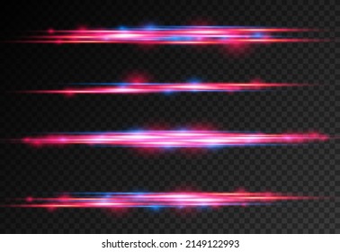 Beautiful glow glow and spark. Red and blue special effect. Laser beams, horizontal light rays. Particle motion effect. Magic of moving fast lines. Glowing abstract glittering police line. Vector.