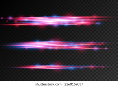 Beautiful glow glow and spark. Red and blue special effect. Laser beams, horizontal light rays. Particle motion effect. Magic of moving fast lines. Glowing abstract glittering police line. Vector.