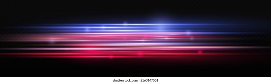 Beautiful glow glow and spark. Red and blue special effect. Laser beams, horizontal light rays. Particle motion effect. Magic of moving fast lines. Glowing abstract glittering police line. Vector.