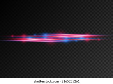 Beautiful glow glow and spark. Red and blue special effect. Laser beams, horizontal light rays. Particle motion effect. Magic of moving fast lines. Glowing abstract glittering police line. Vector.