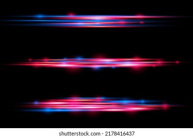 Beautiful glow glow and spark. Red and blue special effect. Laser beams, horizontal light rays. Particle motion effect. Magic of moving fast lines. Glowing abstract glittering police line. Vector.